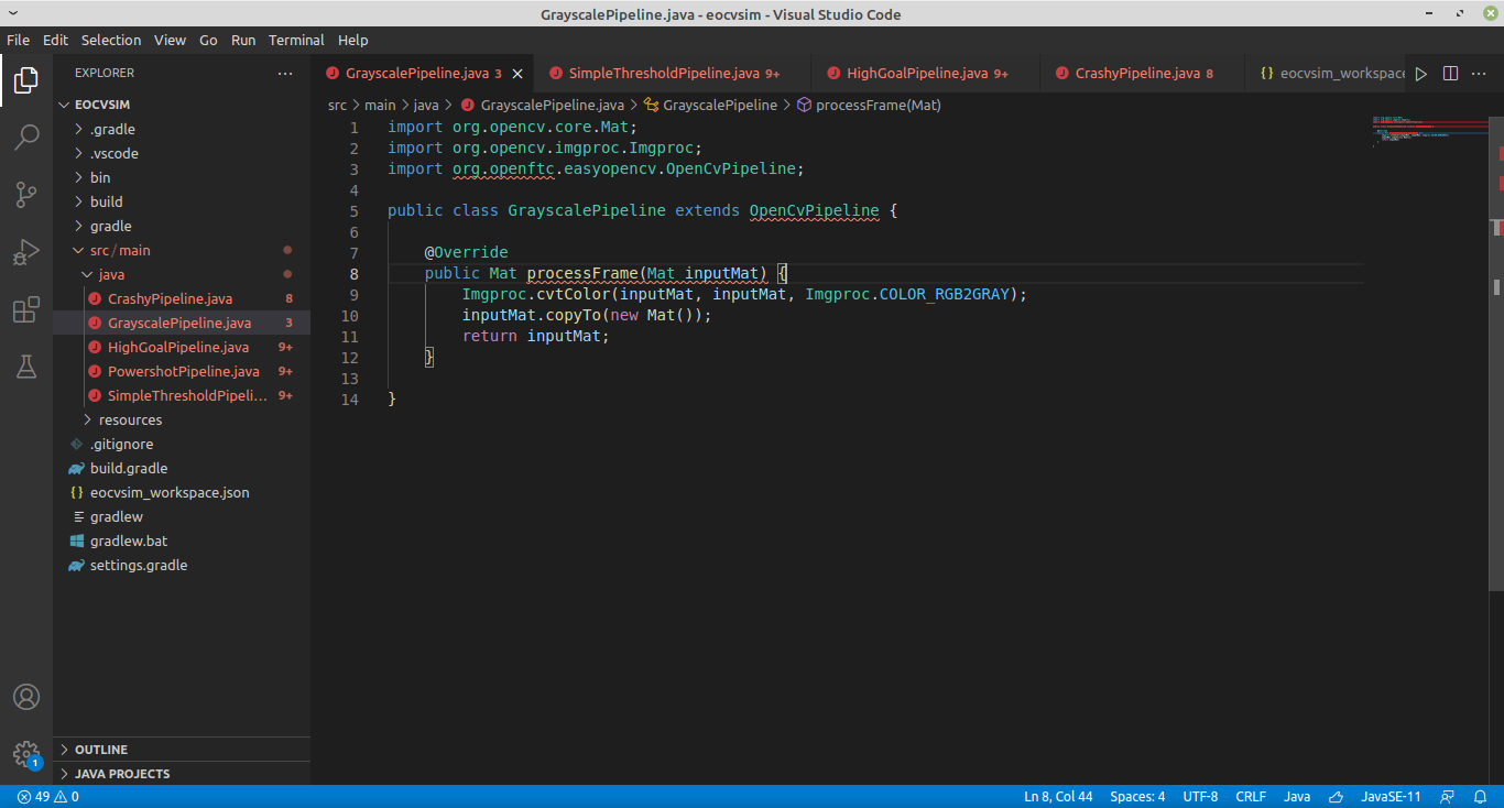 A OpenCvPipeline opened in VS Code with IntelliSense